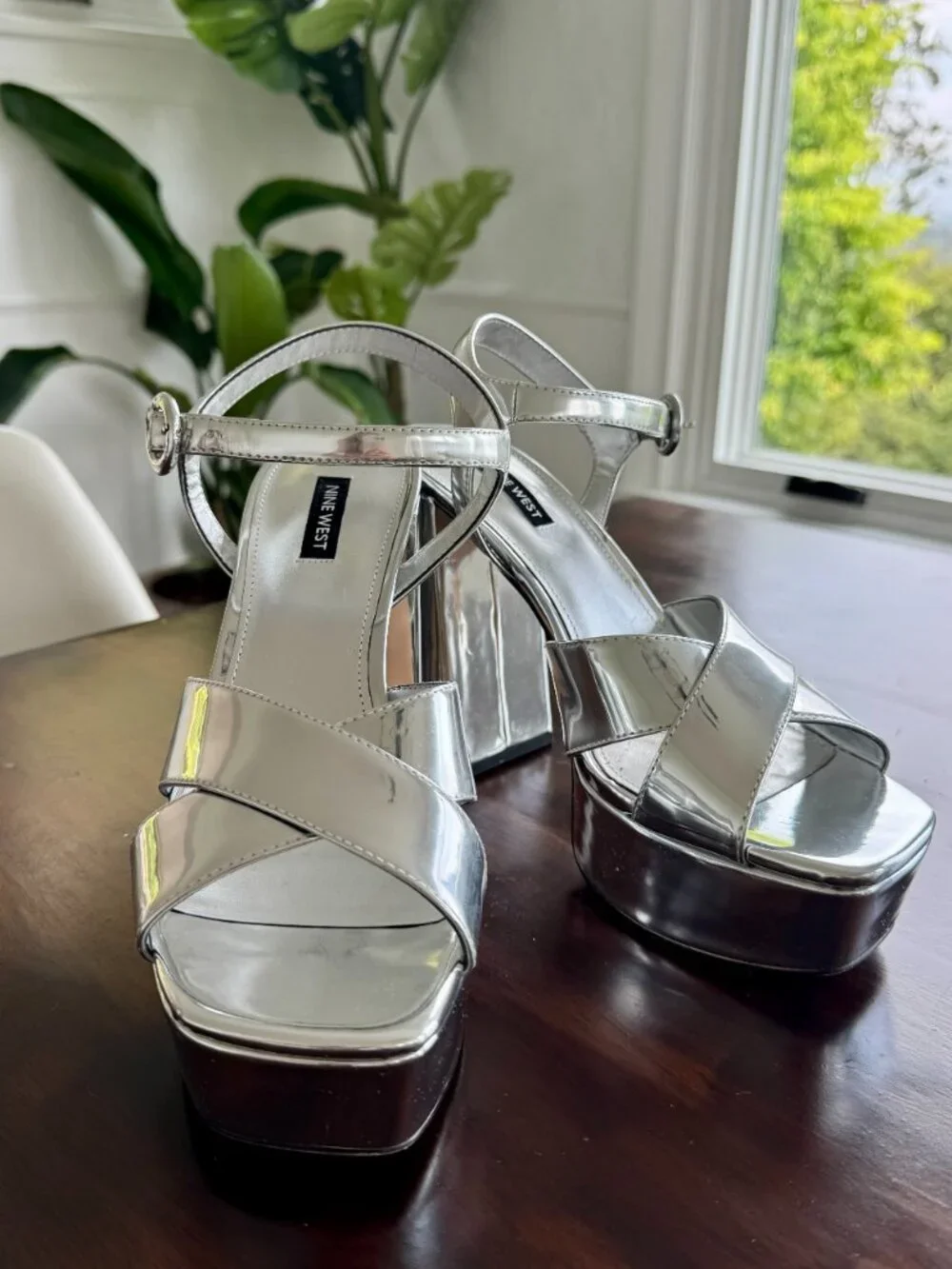 NINE WEST Vallen3 Silver Mirror Metallic Strappy Platform